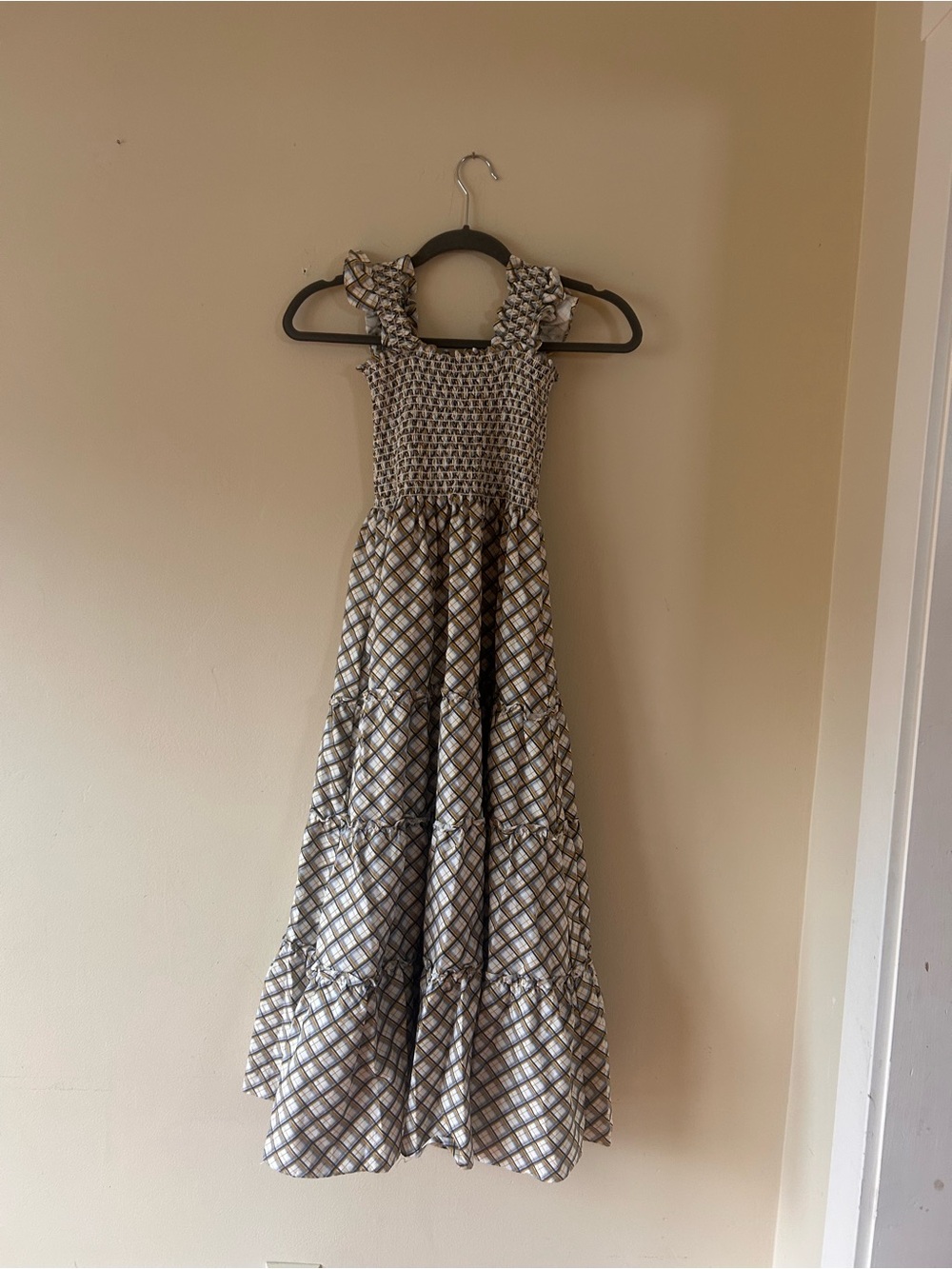 Smocked Plaid Maxi Dress in Beige & Navy